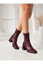 Janice Women's Burgundy Blunt Square Toe Wrinkled Patterned Patent Leather Stretch Back Zipper 6 cm Thick Heeled B - 3