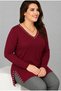 Plus Size Collar and Hem Slit Pearl Embellished V-Neck Long Sleeve Side Slit Blouse Burgundy