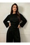 Women's Black Modal Blend Boat Neck Draped Long Sleeve Blouse - 3