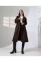 Women's Brown Belted Double-Breasted Wide Collar Oversize Cashmere Coat - 8