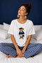Women's Cotton Ecru Short Sleeve Printed Plaid Patterned Pajama Set