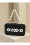 Black Striped Satin Silver Detailed Crystal Stone Chain Strap Women's Evening Dress Bag Wedding Engagement Graduation - 3