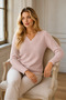 Women's V-Neck Long Sleeve Diamond Knit Patterned Ribbed Detailed Stylish Elegant Casual Powder Knitwear Sweater - 5