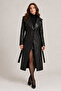 Women's Double-Breasted Collared Belted Faux Leather Long Trench Coat - 3