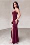Scuba Fabric Strap Stone Detail Thin Strap Slit Evening Dress Red - 4