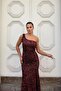 Velvet Fabric Asymmetrical Collar Sequined Evening Dress - 3