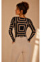 Women's Camel-Black Patterned Square Neck Blouse Be510 - 2