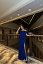 Square Neckline Slit Short Sleeve Evening Dress