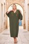 Khaki V-Neck Oversized Long Shirt Dress with Note Embroidery on the Front and Pockets - 3