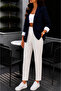 Navy Blue Sleeve Detail Single Button Laser Cut Oversize Blazer Jacket - 3