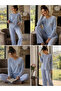 Women's Blue Long Sleeve Patterned Top and Bottom Pajama Set with Crew Neck and Button Detail - 3