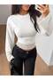 White Spanish Long Sleeve Round Neck Lace Detailed Crop Blouse - 4