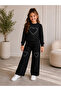 Girl's Black Stone Heart Patterned Sweatshirt and Wide Leg Sweatpants 2-Piece Set - 4