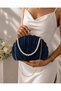 Women's Navy Blue Evening Dress Bag Oyster Pleated Evening Dress Bag Wide Model Evening Dress Bag with Pearls and Stones Handbag - 4