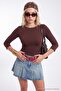 Kahverengi Fitted/Vücuda Oturan Büzgülü Truvakar Kol Crop Örme T-Shirt TWOAW27TS00050 - 6