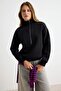 Siyah Kalın İçi Polarlı Fermuarlı Dik Yaka Oversize/Geniş Kesim Örme Sweatshirt TWOAW27SW00078 - 3