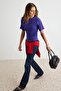 Purple Plain Fitted Crew Neck Three Quarter Sleeve Gathered Cotton Stretch Knitted T-Shirt Twoss26Ts00052 - 2