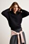 Siyah Kalın İçi Polarlı Polo V Yaka Oversize/Geniş Kesim Örme Sweatshirt TWOAW27SW00081 - 2