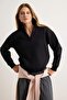 Siyah Kalın İçi Polarlı Polo V Yaka Oversize/Geniş Kesim Örme Sweatshirt TWOAW27SW00081 - 3
