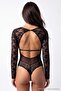 Siyah Dantel Cut Out Detaylı Sırt Dekolteli Kaplı Uzun Kollu Çıtçıtlı Örme Body THMAW27BD00002 - 3