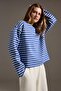 Saks Çizgili Premium Overisize/Geniş Kesim Bisiklet Yaka İnterlok Örme T-Shirt TWOAW27TS00027 - 2
