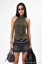 Haki Fitted Halter Yaka Fermuarlı Örme Yelek TWOAW27YE00035 - 3