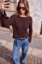 Wardrobe Essentials Kahverengi Kayık Yaka Fitilli Loose Fit Triko Kazak TWOAW27KZ00135 - 3