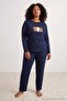 Lacivert Puantiyeli Ayıcık Patchli Yumuşak Tuşe Kışlık Örme Pijama Takımı TBBAW27AI00024 - 3