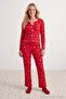 Kırmızı %100 Pamuklu Çiçekli Kurdele/Fiyonklu Fitilli/Pointel Örme Pijama Takımı THMAW26PT00070 - 2