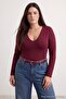Burgundy Deep V-Neck Snap Fastener Basic Knitted Bodysuit Tbbaw27Cs00007 - 2