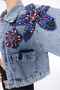 Women's Designer Denim Jacket with Flowers Pattern, Stone Beads, Sequin Embroidery Detail, Blue Oversize Fit Bomber Coat, Limited Edition - 4