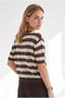 Women's Brown Crew Neck Striped Mercerized Blouse Blz-19003447 - 6