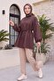 Round Neck Lace up Waist Balloon Sleeve Tunic - Brown - 3