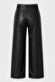 Black Relaxed Straight Leg Leather Pants with Stitching Detail - 7