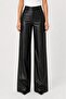 Black Relaxed Straight Leg Leather Pants with Stitching Detail