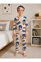 Boy's Cotton Piece Fabric Beige Color Puffer Patterned Sleep Banded Long Sleeve Transitional Pajama Set