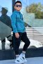 Boy's Hooded Stripe Printed Sweatshirt with Arm Pockets and Diving Fabric Tracksuit Set Esf7032 - 3
