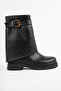 Women's Black Leather Boots with Buckle Detail - 4