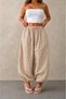 Women's Beige Plaid Patterned Comfortable Fit Loose Trousers