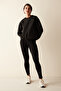 Black High Waist Stitching Detailed Ankle Length Thermal Tights - 3