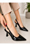 Women's Black Patent Leather Pointed Toe Heeled Shoes Open Back Stylish Classic Stiletto - 2