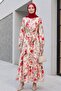 Hakim Collar Half Buttoned Mixed Patterned Polycotton Dress with Elastic Sleeves - Pomegranate Flower - 5
