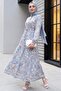 Hakim Collar Half Buttoned Mixed Patterned Polycotton Dress with Elastic Sleeves - Blue - 6
