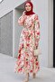 Hakim Collar Half Buttoned Mixed Patterned Polycotton Dress with Elastic Sleeves - Pomegranate Flower