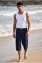 Men's Navy Blue Bermuda Shorts Below Knee Length Pool Sea Capri Elastic Waist Pocketed Drawstring - 4