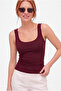 Women's Burgundy Scoop Neck Full Length Double Layer Modal Cotton Strap Basic Bodysuit