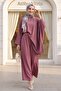 Asymmetrical Cut Wide Sleeve Belted Modal Suit with Wide Leg Pants - Dried Rose