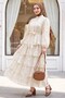 Belted Lined Skirt Layered Embroidered Buttoned Chiffon Dress -Beige - 5