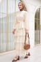 Belted Lined Skirt Layered Embroidered Buttoned Chiffon Dress -Beige