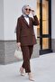 Single Button Pocket Detailed Double Breasted Collar Crepe Suit with Trousers - Brown - 3
